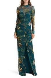 Black Halo Wendy Floral Ruched Long Sleeve Gown at Nordstrom