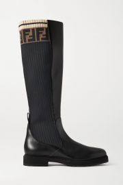 Black Logo-jacquard stretch-knit and leather knee boots  FENDI  NET-A-PORTER at Net a Porter