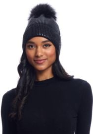 Black Metallic Knit Faux Fur Pom Hat - Fabulous Furs at Fabulous Furs