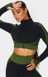 Black Multi Textured Cropped Zip Up Sports Top  PrettyLittleThing USA at Pretty Little Thing