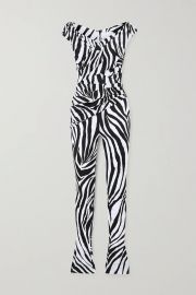 Black Off-the-shoulder zebra-print satin jumpsuit  HALPERN  NET-A-PORTER at Net a Porter