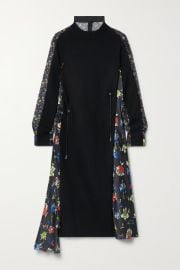 Black Paneled wool and floral-print satin midi dress SACAI NET-A-PORTER at Net a Porter