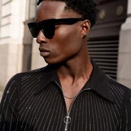 Black Sequin Embellished Cotton Polo Shirt dash Phix at Phix