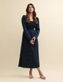 Black Spot Print Shirred Bodice Liberty Midi Dress at Nobodys Child