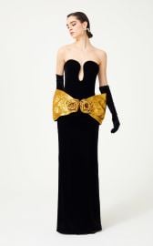 Black Velvet Strapless Dress With Handmade Gold Flower Detail RAISA VANESSA INT at Raisa Venessa