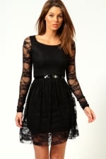 Black lace dress with belt at Boohoo