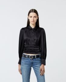 Black satin silk shirt with waistband at The Kooples