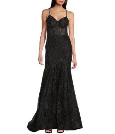 Blondie Nites Glitter Print V-Neck Double Spaghetti Strap Corset Tie Back Dress Dillardx27s at Dillards