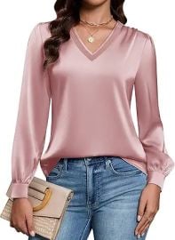 Blooming Jelly Womens Silk Business Dressy Casual Blouses Lace V Neck Long Sleeve Fall Tops Work Pleated Trendy Outfits at Amazon