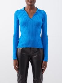 Blue Fiora ribbed-knit merino polo top Petar Petrov FASHION US at Matches