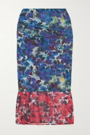 Blue Gathered floral-print stretch-mesh midi skirt DRIES VAN NOTEN NET-A-PORTER at Net a Porter