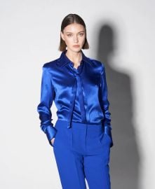 Blue Satin Tie Neck Blouse at Barbara