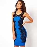 Blue bodycon dress with lace sides at Asos