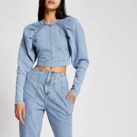 Blue long puff sleeve denim cropped top at River Island