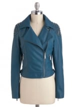 Blue studded moto jacket at Modcloth