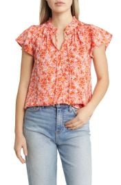 Bobeau Floral Tie Neck Flutter Sleeve Blouse at Nordstrom