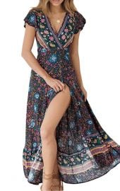 Bohemian Floral Wrap Dress by Zesica at Amazon