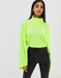 Boohoo roll neck wide sleeve cropped sweater in neon green   ASOS at Asos