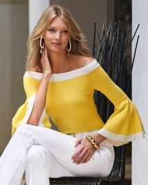 Boston Proper Colorblock Flare Sleeve Sweater in Yellow White at Boston Proper