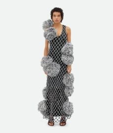 Bottega Veneta Womenx27s Paper Mesh Crochet Dress With Pompom in Blackbubble Shop online now at Bottega Veneta