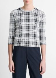 Boucl Plaid Cotton-Blend Elbow-Sleeve Sweater in Crew Neck at Vince
