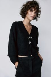 Bow-Detail Rib-Knit Cardigan - Black - Ladies HampM US at H&M