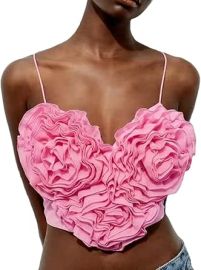 Bowanadacles Woman Summer 3D Heart Pleated Flower Spaghetti Tops Sexy Aesthetics Solid Color Cropped Corset Tops Party Wear at Womens Clothing store at Amazon