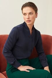 Bowery Blouse Navy Stretch Silk at The Fold London