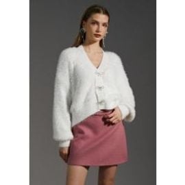 Bowknot Brooch Fuzzy Knit Cardigan in White at Chicwish