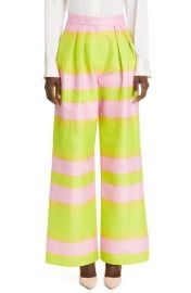 Brandon Maxwell Neon Stripe Pleated Wide Leg Cotton Silk Trousers at Nordstrom