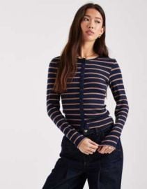 Brave Soul long sleeve button down ribbed top in navy and taupe stripe at ASOS