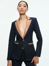 Breann Long Blazer With Vegan Combo In Dark Rinse Alice Olivia at Alice + Olivia