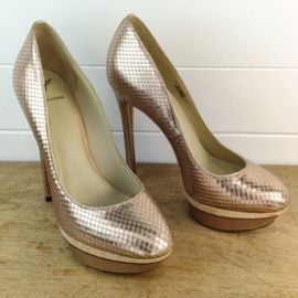 Brian Atwood Fontanne 85 39 Rose Gold Metallic Snake Platform Stiletto Heel eBay at eBay