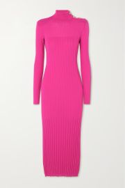 Bright pink Button-embellished ribbed wool midi dress BALMAIN NET-A-PORTER at Net a Porter