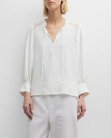 Brochu Walker Tereza Blouson-Sleeve Lace-Inset Crepe Blouse at Neiman Marcus