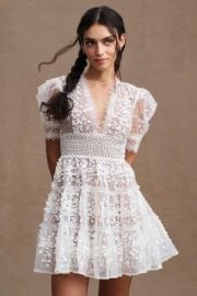 Bronx and Banco Megan Short-Sleeve Lace V-Neck Tiered Mini Dress at Anthropologie