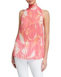 Brook Stencil Floral Print Pleated High-Neck Top at Neiman Marcus