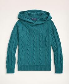 Brooks Brothers Cotton Cable Knit Hoodie Sweater in Teal Heather at Brooks Brothers