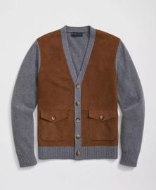 Brooks Brothers V Neck Cardigan with Suede Panels in Wool Cashmere Blend at Brooks Brothers