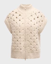 Brunello Cucinelli High Neck Paillette Round Open Weave Zip Cardigan at Neiman Marcus