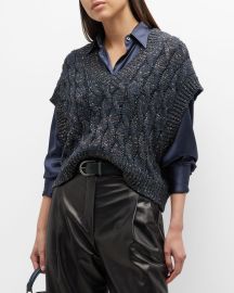 Brunello Cucinelli Linen Cable-Knit Vest with Paillette Detail at Neiman Marcus