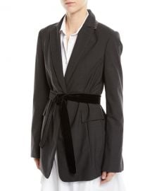 Brunello Cucinelli Long Lightweight Wool Blazer Jacket with Velvet Belt at Neiman Marcus