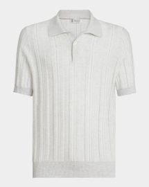 Brunello Cucinelli Mens Cotton Jacquard Rib Knit Polo Shirt at Neiman Marcus