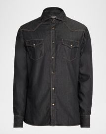 Brunello Cucinelli Mens Lightweight Denim Western Shirt at Neiman Marcus