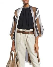 Brunello Cucinelli Monili-Beaded Belted Striped-Silk Kimono Cardigan at Neiman Marcus