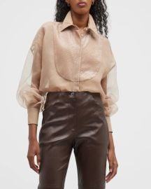 Brunello Cucinelli Paillette Bib Front Sheer Silk Blouse at Neiman Marcus