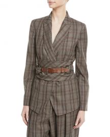 Brunello Cucinelli Peak-Lapel Plaid Virgin Wool Blazer with Leather Wrap Belt at Neiman Marcus