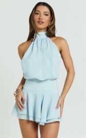 Bryonie Mini Dress - Backless Halter Dress in Pale Blue Showpo USA at Showpo