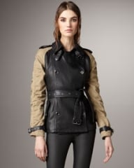 Burberry Brit Canvas-Sleeve Leather Trenchcoat at Neiman Marcus