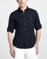 Burberry Brit Tab-Sleeve Military Shirt Navy at Neiman Marcus